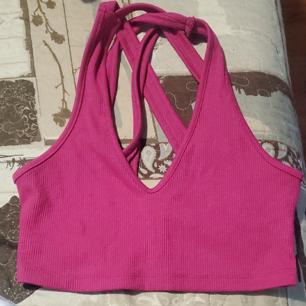 Pink Ribbed Strappy Crop Top